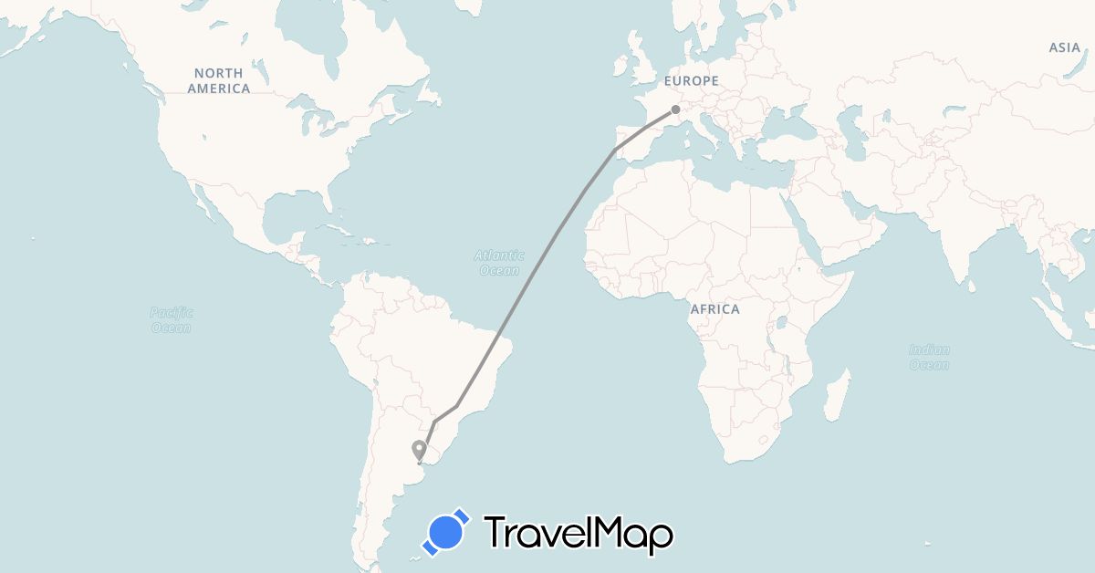 TravelMap itinerary: driving, plane in Argentina, Brazil, Switzerland, Portugal (Europe, South America)